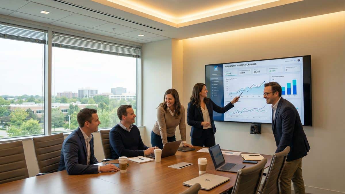 Lillian Group Marketing team reviewing B2B manufacturing marketing analytics in their Glenview, Illinois office conference room — the team that serves Illinois manufacturers