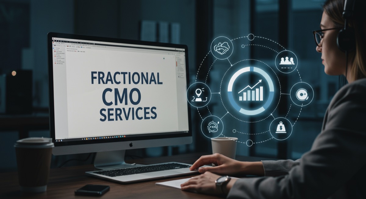 Fractional CMO presenting marketing strategy to a professional team in a meeting