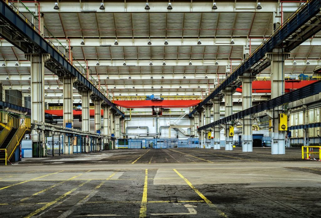 Large, empty manufacturing plant interior