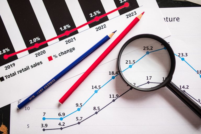 Magnifying glass over printed charts tracking growth
