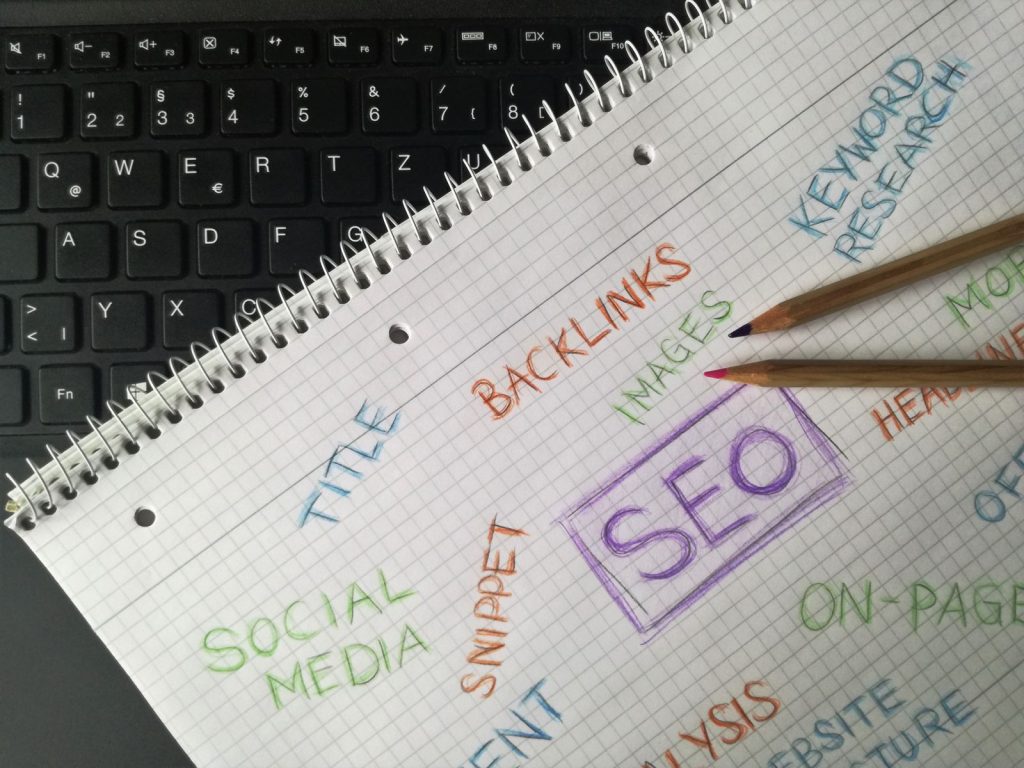 Notebook with SEO keyword research notes next to a keyboard