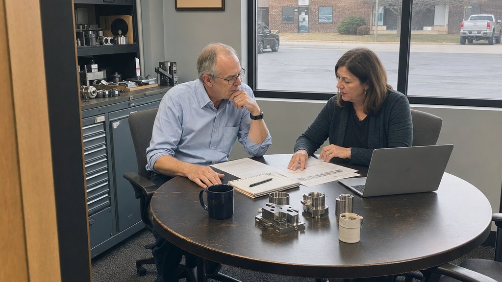 Illustrative scene of an experienced marketing consultant and manufacturer reviewing a plan in a small office