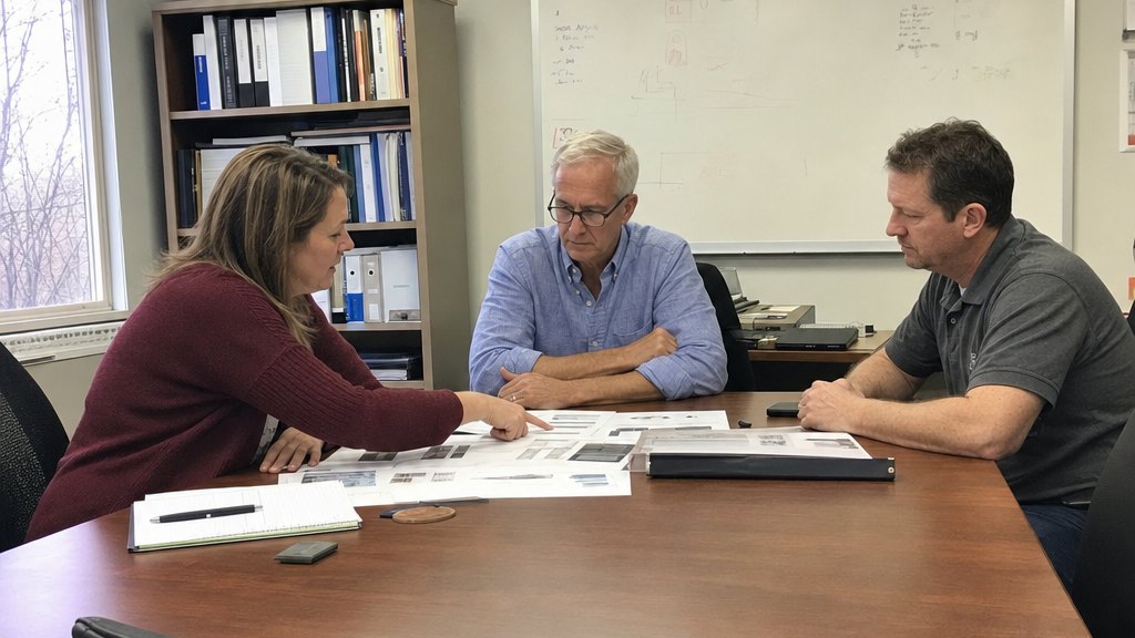 Illustrative scene of a senior marketing consultant and manufacturing team discussing product marketing plans