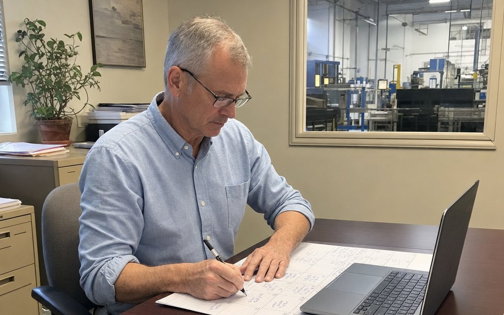 Illustrative scene of a senior marketing consultant working on a marketing plan beside a production area